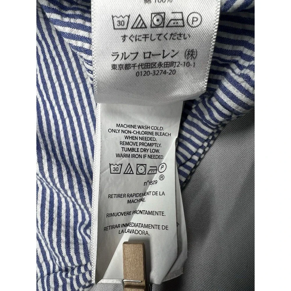 Ralph Lauren Shirt Mens XL‎ Blue White Stripe Seersucker Short Sleeve Pink Pony